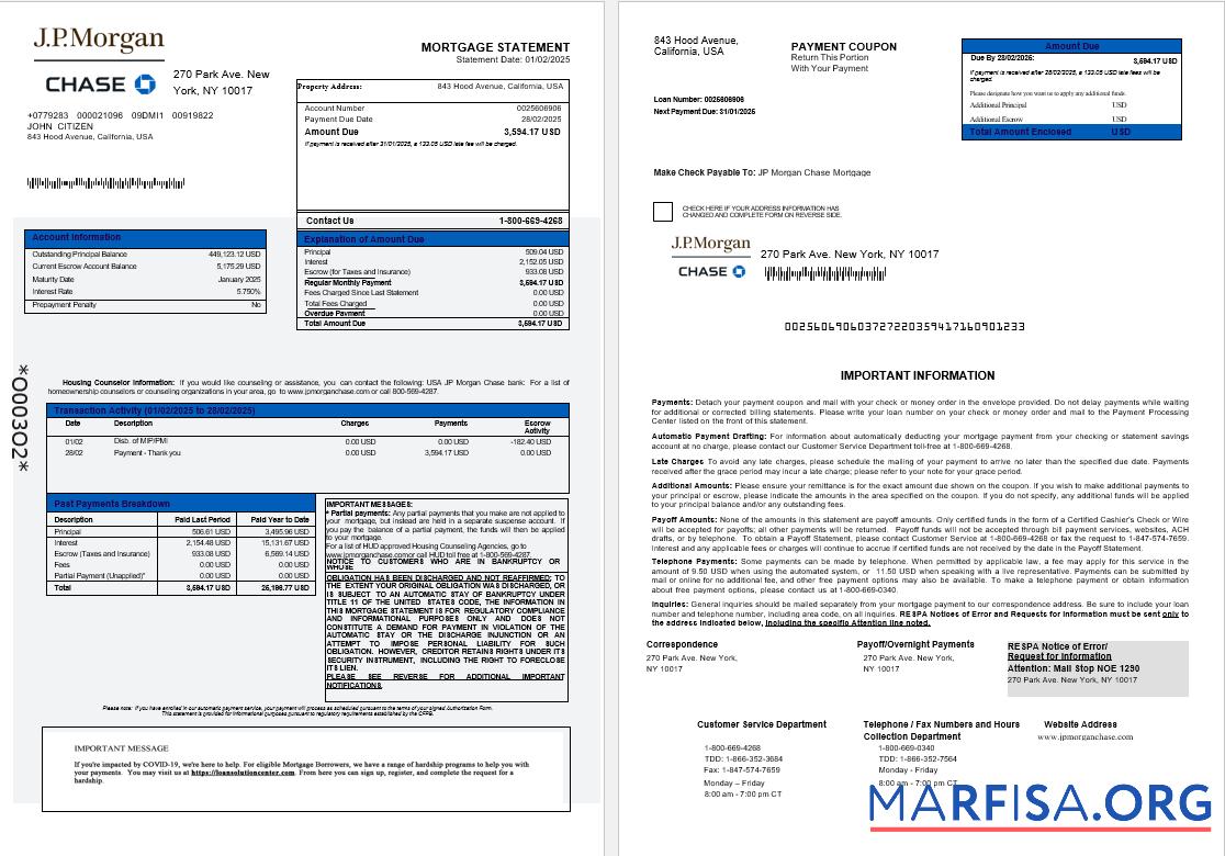 Downloadable USA JP Morgan Chase bank mortgage statement in Word and PDF formats 1 2 example